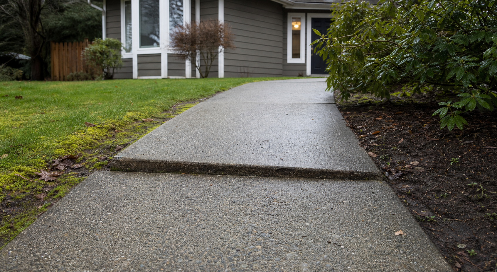 A settled residential concrete walkway with an uneven joint after rain
